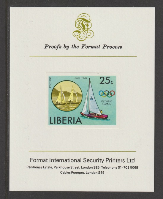 Liberia 1976 Montreal Olympics 25c Sailing (Dinghies) iimperf mounted on Format International proof card, as SG 1273, stamps on olympics, stamps on sailing