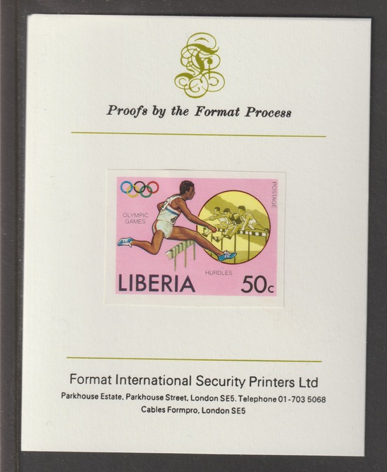 Liberia 1976 Montreal Olympics 50c Hurdling iimperf mounted on Format International proof card, as SG 1275, stamps on olympics, stamps on hurdles, stamps on hurdling