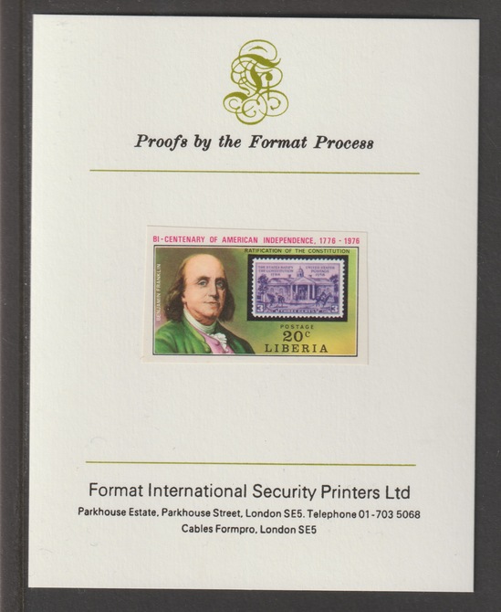 Liberia 1975 US Bicentenary 20c Benjamin Franklin iimperf mounted on Format International proof card, as SG 1236, stamps on , stamps on  stamps on americana, stamps on  stamps on stamp on stamp, stamps on  stamps on franklin, stamps on  stamps on us presidents, stamps on  stamps on 