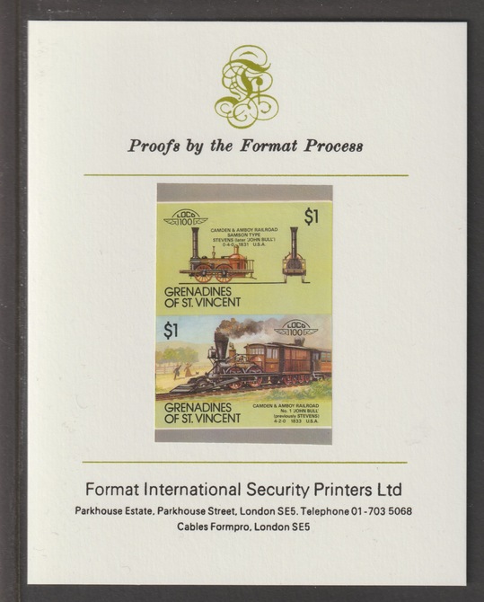 St Vincent - Grenadines 1987 Locomotives #8 (Leaders of the World) $1 Camden & Amboy No.1 se-tenant iimperf pair mounted on Format International proof card, stamps on railways