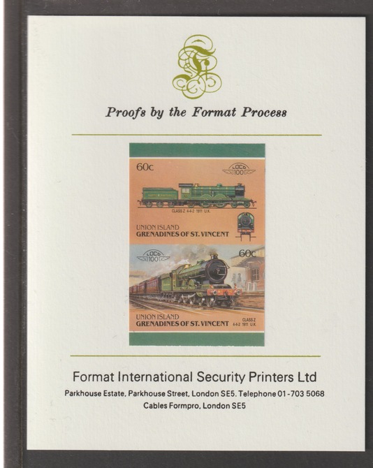 St Vincent - Union Island 1987 Locomotives #6 (Leaders of the World) 60c North Eastern Class Z se-tenant iimperf pair mounted on Format International proof card, stamps on railways