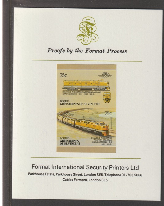 St Vincent - Bequia 1987 Locomotives #5 (Leaders of the World) 75c (Denver & Rio Grande CC) se-tenant iimperf pair mounted on Format International proof card, , stamps on railways