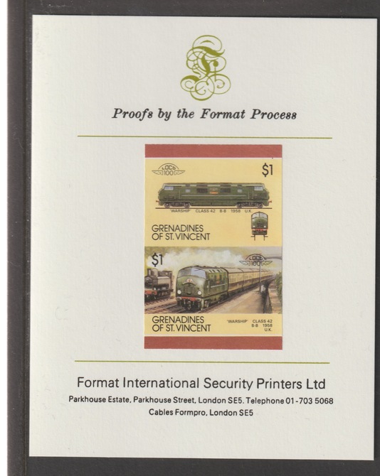 St Vincent - Grenadines 1987 Locomotives #7 (Leaders of the World) $1 UK Warship Class 42 se-tenant iimperf pair mounted on Format International proof card, , stamps on railways