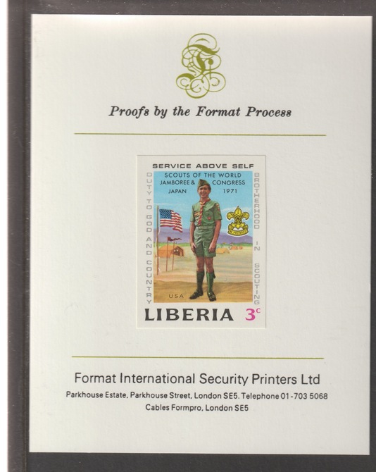 Liberia 1971 World Scout Jamboree 3c (American Scout) iimperf mounted on Format International proof card, as SG 1074, stamps on scouts, stamps on scouting, stamps on americana