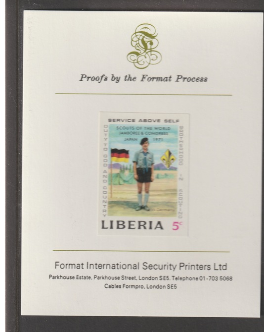 Liberia 1971 World Scout Jamboree 5c (West German Scout) iimperf mounted on Format International proof card, as SG 1075, stamps on scouts, stamps on scouting, stamps on americana