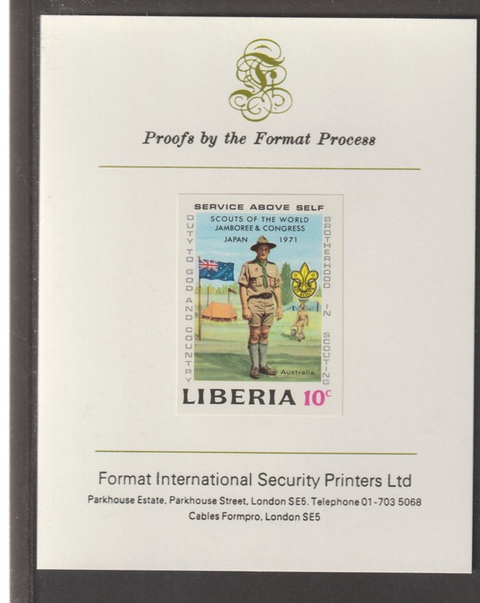 Liberia 1971 World Scout Jamboree 10c (Australian Scout) iimperf mounted on Format International proof card, as SG 1076, stamps on scouts, stamps on scouting, stamps on 