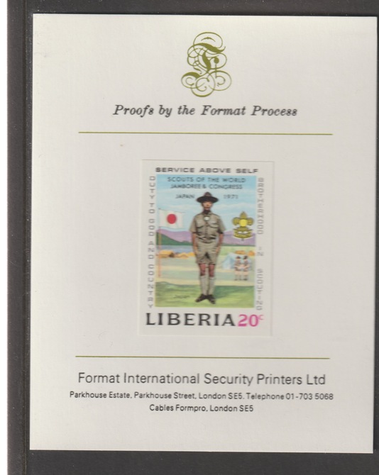 Liberia 1971 World Scout Jamboree 20c (Japanese Scout) iimperf mounted on Format International proof card, as SG 1078, stamps on scouts, stamps on scouting, stamps on 