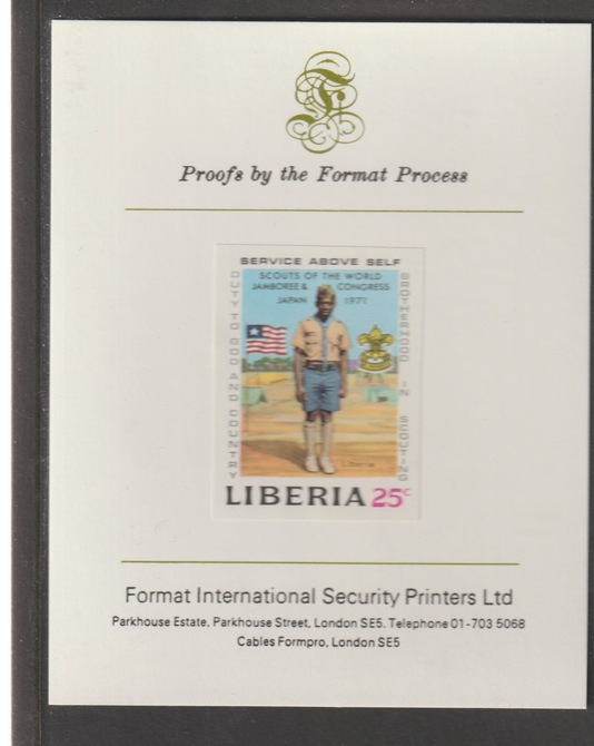 Liberia 1971 World Scout Jamboree 25c (Liberian Scout) iimperf mounted on Format International proof card, as SG 1079, stamps on scouts, stamps on scouting, stamps on 