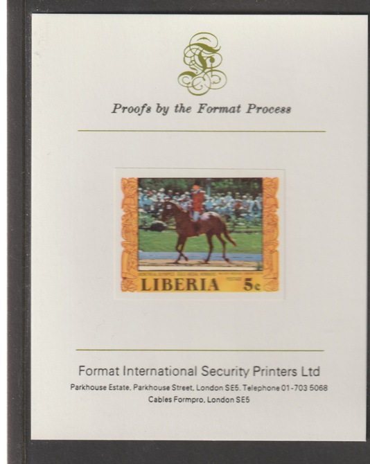 Liberia 1977 Montreal Olympics - Equestrian Gold Medal Winners 5c iimperf mounted on Format International proof card, as SG 1314, stamps on olympics, stamps on equestrian, stamps on horses