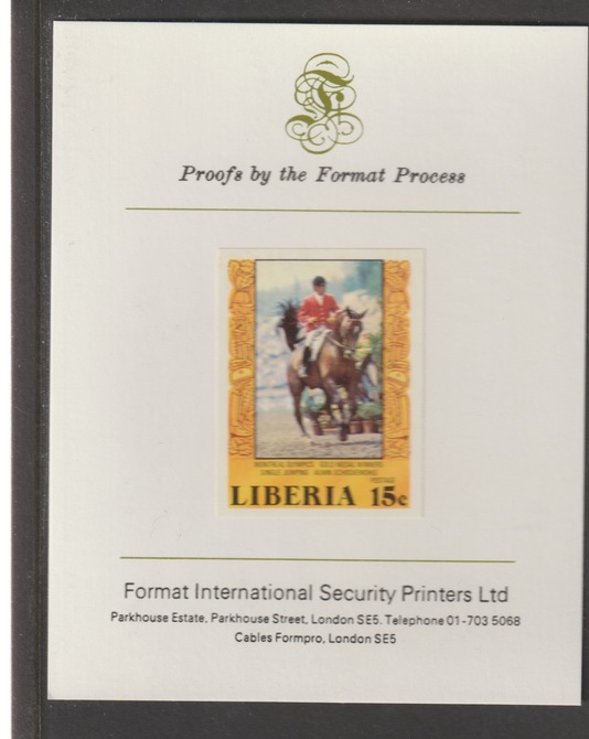 Liberia 1977 Montreal Olympics - Equestrian Gold Medal Winners 15c iimperf mounted on Format International proof card, as SG 1315, stamps on olympics, stamps on equestrian, stamps on horses