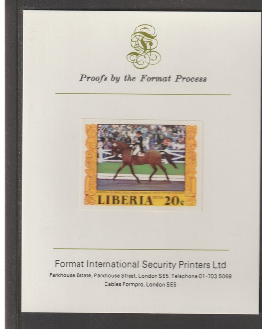 Liberia 1977 Montreal Olympics - Equestrian Gold Medal Winners 20c iimperf mounted on Format International proof card, as SG 1316, stamps on olympics, stamps on equestrian, stamps on horses