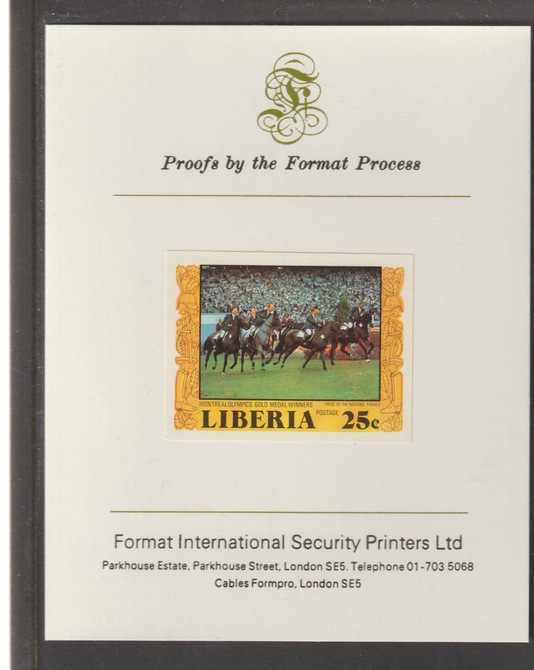 Liberia 1977 Montreal Olympics - Equestrian Gold Medal Winners 25c iimperf mounted on Format International proof card, as SG 1317, stamps on olympics, stamps on equestrian, stamps on horses