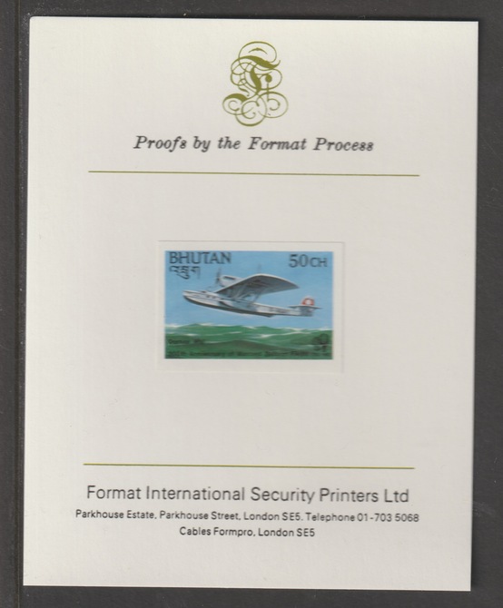 Bhutan 1983 Bicentenary of Manned Flight 50ch (Dornier Wal) imperf mounted on Format International proof card, as SG 506, stamps on , stamps on  stamps on aviation, stamps on  stamps on flying boats