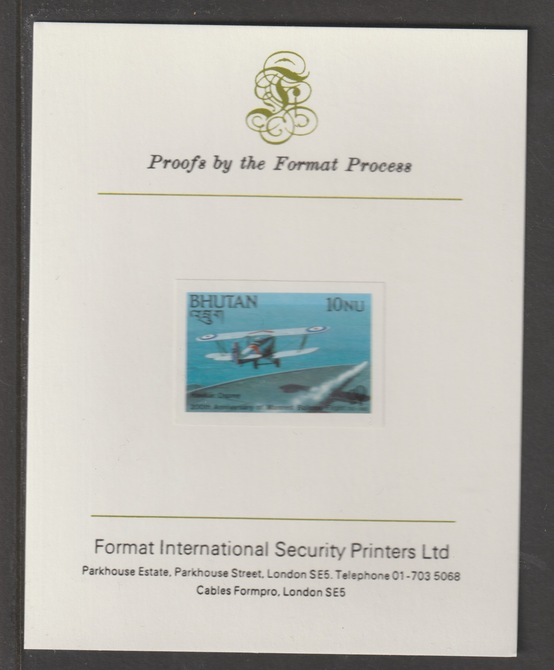 Bhutan 1983 Bicentenary of Manned Flight 10n (Hawker Osprey) imperf mounted on Format International proof card, as SG 508, stamps on , stamps on  stamps on aviation, stamps on  stamps on 