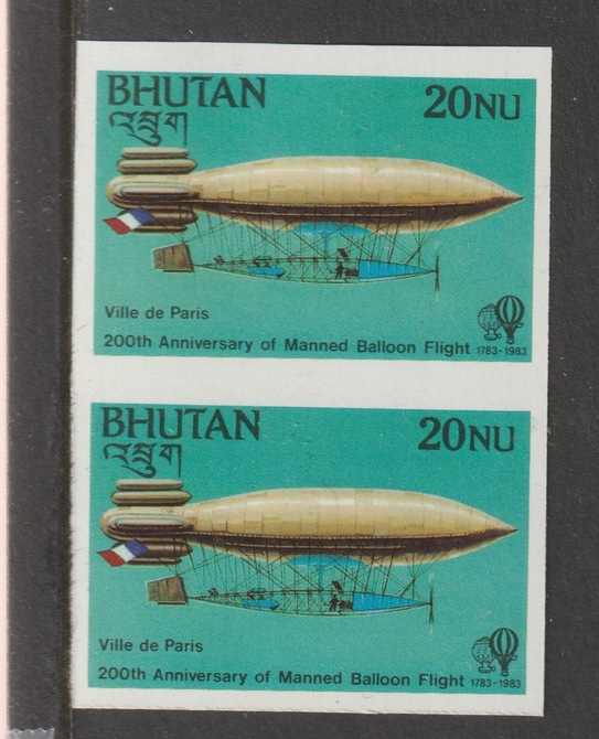 Bhutan 1983 Bicentenary of Manned Flight 20n (Astra Airship) imperf pair unmounted mint, as SG 509, stamps on aviation, stamps on airships