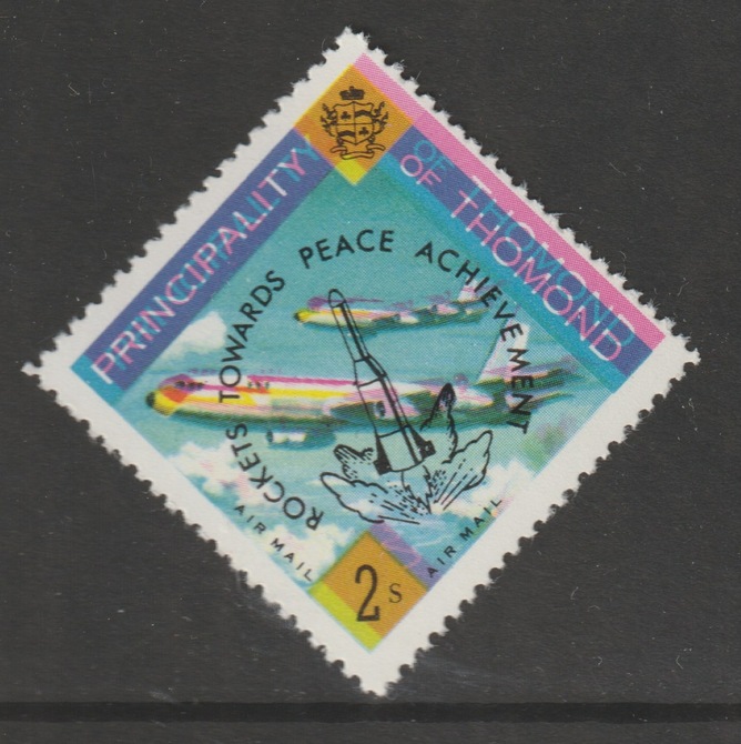 Thomond 1968 Jet Liner 2s (Diamond shaped) opt'd 'Rockets towards Peace Achievement', unmounted mint with fine shift of magenta, stamps on aviation, stamps on space, stamps on peace, stamps on rockets