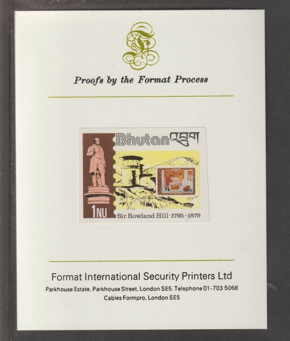 Bhutan 1980 Death Centenary of Rowland Hill 1nu imperf mounted on Format International proof card, as SG 428, stamps on rowland hill, stamps on stamp on stamp, stamps on statues