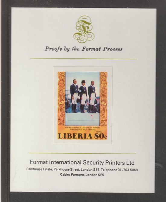 Liberia 1977 Montreal Olympics - Equestrian Gold Medal Winners 80c (ex m/sheet) imperf mounted on Format International proof card, as SG 1319, stamps on olympics, stamps on equestrian, stamps on horses