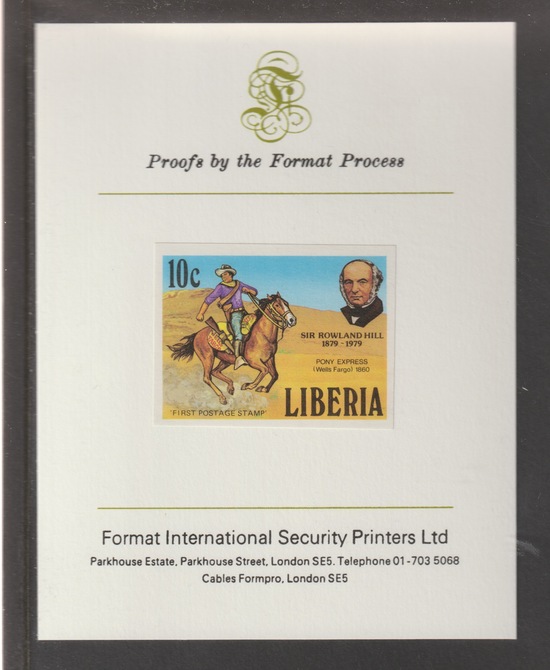 Liberia 1979 Death Centenary of Sir Rowland Hill 10c  imperf mounted on Format International proof card, as SG 1380, stamps on rowland hill, stamps on postal, stamps on horses, stamps on pony express