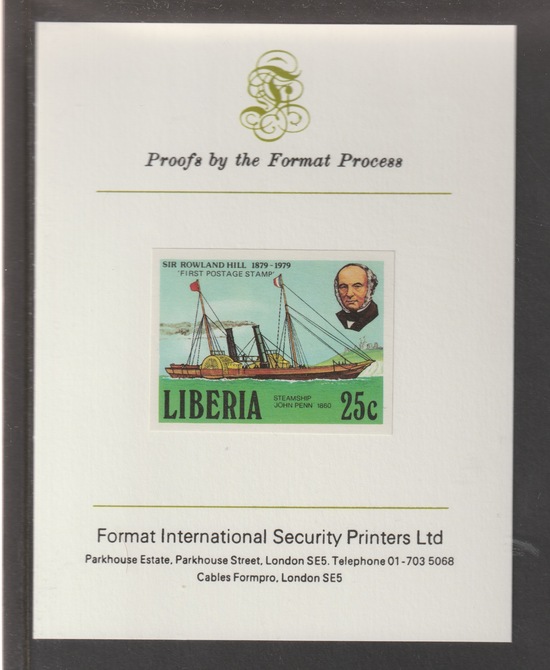Liberia 1979 Death Centenary of Sir Rowland Hill 25c  imperf mounted on Format International proof card, as SG 1382, stamps on rowland hill, stamps on postal, stamps on paddle steamer