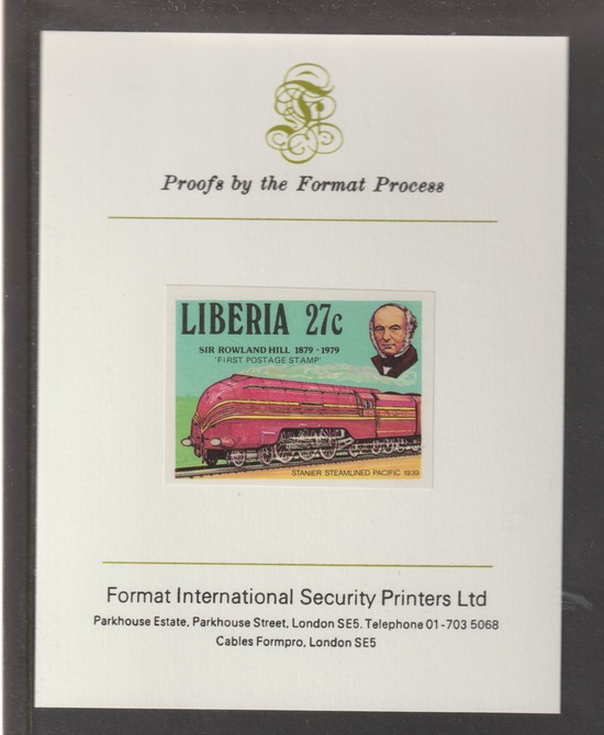 Liberia 1979 Death Centenary of Sir Rowland Hill 27c  imperf mounted on Format International proof card, as SG 1383, stamps on rowland hill, stamps on postal, stamps on railways