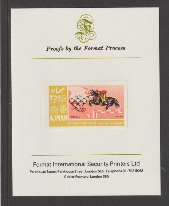 Ajman 1967 Mexico Olympics 35Dh Equestrian  imperf mounted on Format International proof card, Michel 189, stamps on olympics, stamps on horses, stamps on show jumping