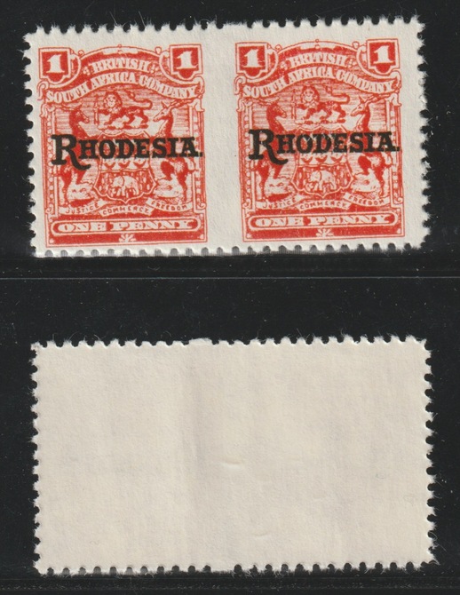 Rhodesia 1909 1d carmine horizontal pair imperf between being a 'Hialeah' forgery on gummed paper, un mounted mint as SG 101b, stamps on forgery, stamps on forgeries