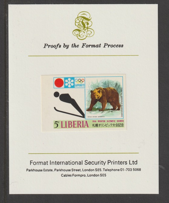 Liberia 1971 Sapporo Winter Olympics 5c Ski Jump & Bear imperf mounted on Format International proof card, as SG 1092, stamps on olympics, stamps on sport, stamps on skiing, stamps on bears