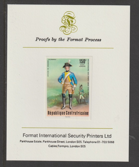Central African Republic 1976 Bicentenary of American Revolution 150f German Dragoons Officer imperf mounted on Format International proof card, as SG 418, stamps on usa bicentenary, stamps on americana, stamps on militaria, stamps on uniforms