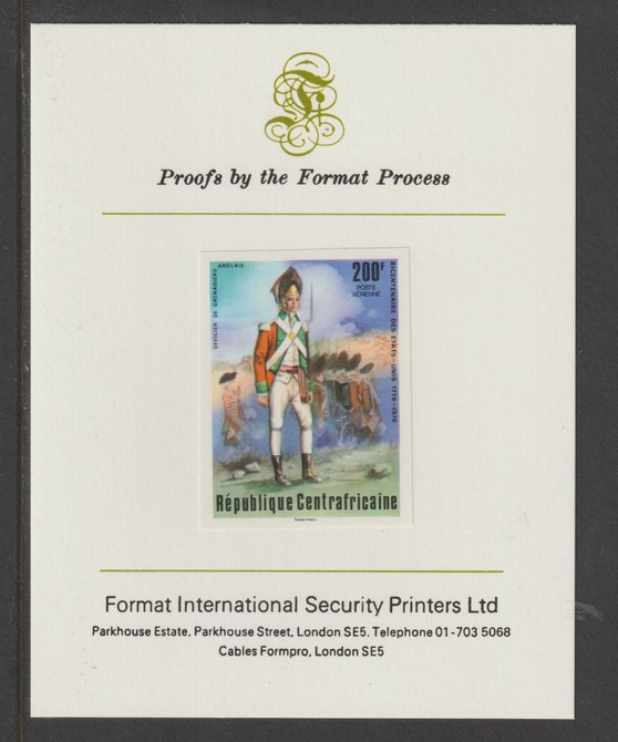 Central African Republic 1976 Bicentenary of American Revolution 200f British Grenadiers' Officer imperf mounted on Format International proof card, as SG 419, stamps on usa bicentenary, stamps on americana, stamps on militaria, stamps on uniforms