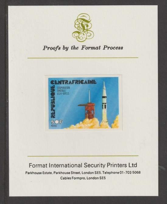 Central African Republic 1976 Apollo-Soyuz Space Link 50f imperf mounted on Format International proof card, as SG 411, stamps on space, stamps on apollo, stamps on soyuz