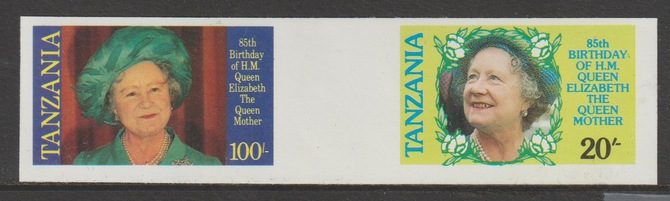 Tanzania 1985 Life & Times of HM Queen Mother 20s & 100s imperf se-tenant gutter pair from uncut file copy sheet unmounted mint, stamps on royalty, stamps on queen mother