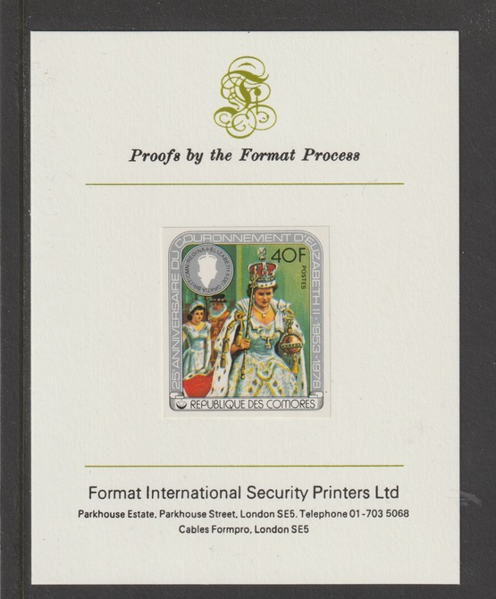 Comoro Islands 1978 Coronation 25th Anniversary 40f (The Queen) imperf mounted on Format International proof card, stamps on royalty, stamps on coronation