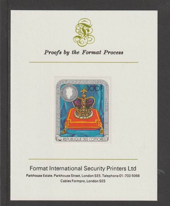 Comoro Islands 1978 Coronation 25th Anniversary 100f (St Edward's Crown) imperf mounted on Format International proof card, stamps on royalty, stamps on coronation