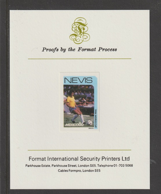 Nevis 1986 World Cup Football 2c Brazil mperf mounted on Format International proof card, stamps on , stamps on  stamps on football, stamps on  stamps on sport