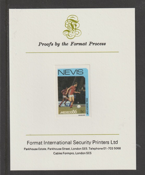 Nevis 1986 World Cup Football 5c Denmark mperf mounted on Format International proof card, stamps on , stamps on  stamps on football, stamps on  stamps on sport