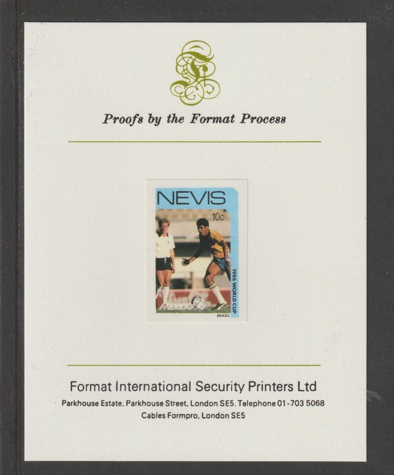 Nevis 1986 World Cup Football 10c Brazil mperf mounted on Format International proof card, stamps on , stamps on  stamps on football, stamps on  stamps on sport