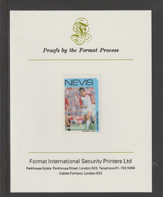 Nevis 1986 World Cup Football 20c Denmark v Spain mperf mounted on Format International proof card, stamps on , stamps on  stamps on football, stamps on  stamps on sport