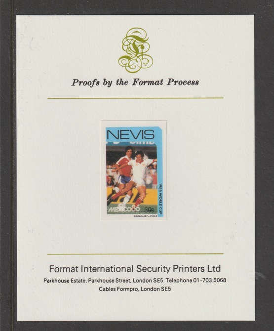 Nevis 1986 World Cup Football 30c Paraguay v Chile mperf mounted on Format International proof card, stamps on , stamps on  stamps on football, stamps on  stamps on sport