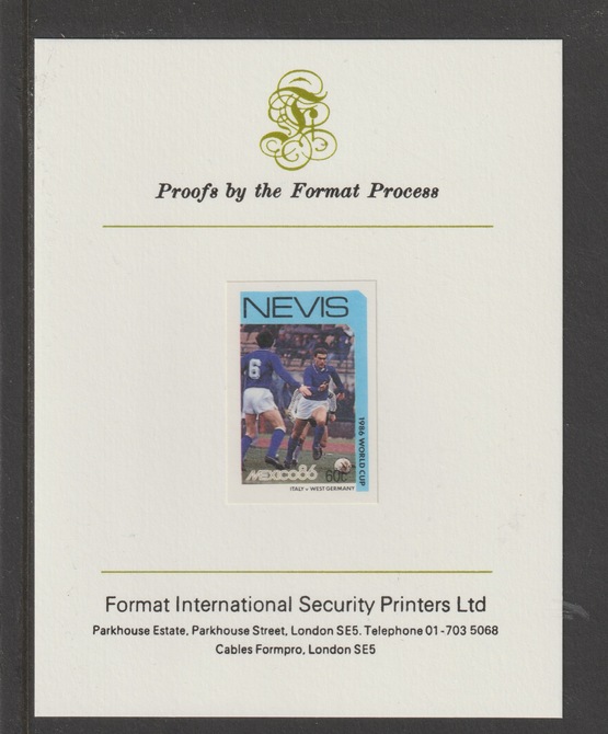 Nevis 1986 World Cup Football 60c Italy c West Germany mperf mounted on Format International proof card, stamps on , stamps on  stamps on football, stamps on  stamps on sport