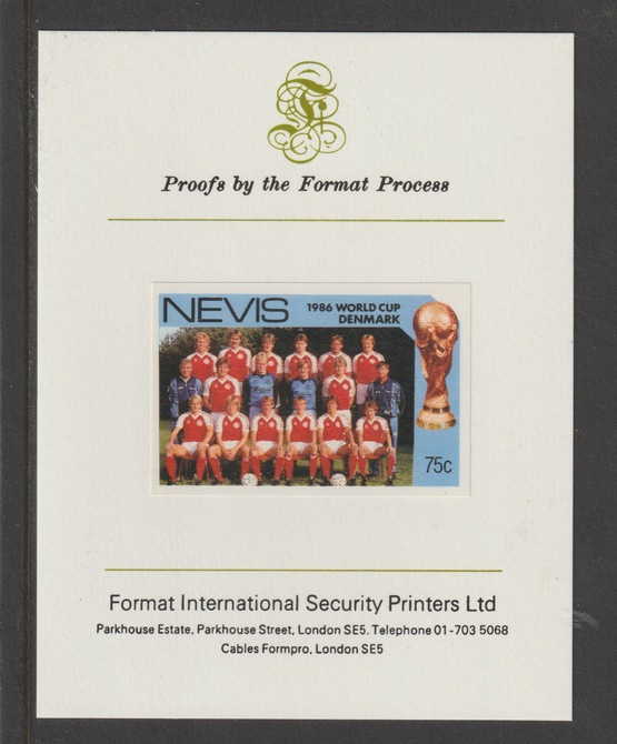 Nevis 1986 World Cup Football 75c Denmark Team mperf mounted on Format International proof card, stamps on football, stamps on sport