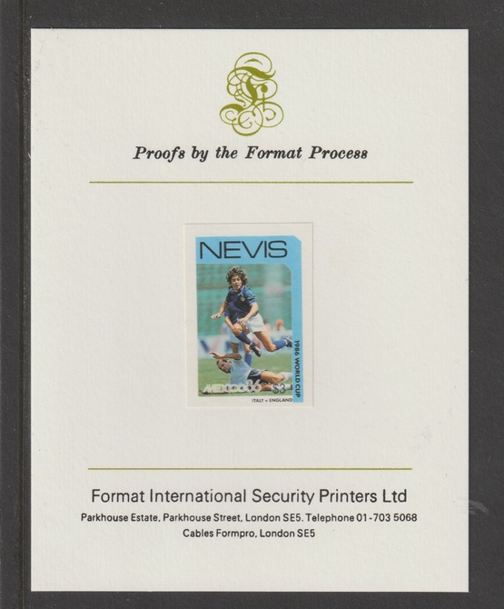 Nevis 1986 World Cup Football $3 Italy v England mperf mounted on Format International proof card, stamps on , stamps on  stamps on football, stamps on  stamps on sport