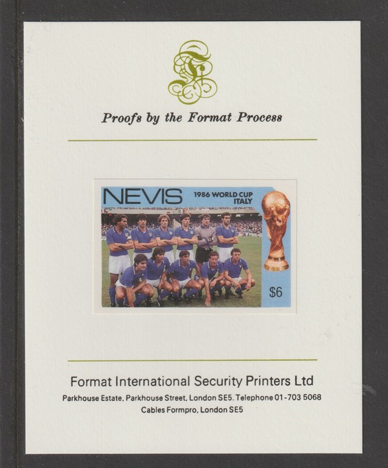 Nevis 1986 World Cup Football $6 Italian Team mperf mounted on Format International proof card, stamps on football, stamps on sport