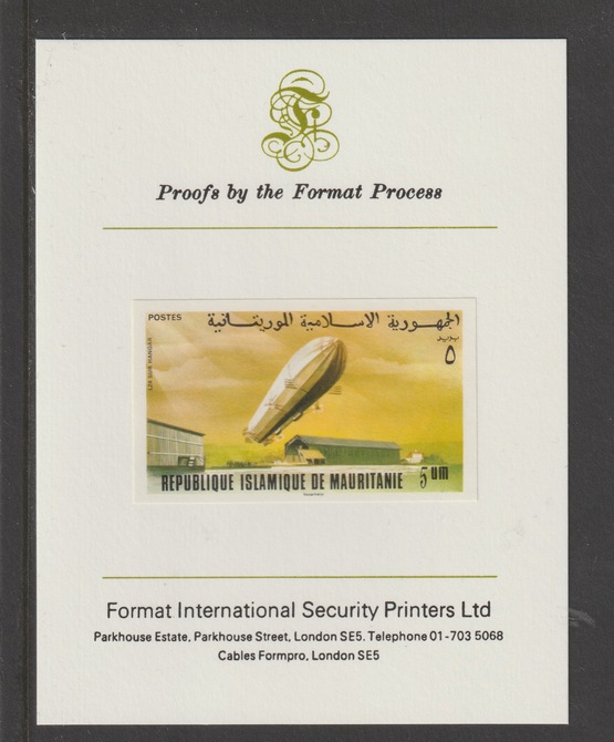 Mauritania 1976 Zeppelin 75th Anniversary  5um LZ-4 mperf mounted on Format International proof card as SG517, stamps on aviation, stamps on airships, stamps on zeppelins