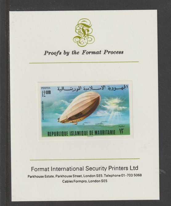 Mauritania 1976 Zeppelin 75th Anniversary  12um Hansa mperf mounted on Format International proof card as SG519, stamps on aviation, stamps on airships, stamps on zeppelins