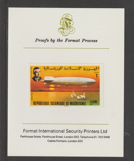 Mauritania 1976 Zeppelin 75th Anniversary  20um Bodensee & Dr Durr mperf mounted on Format International proof card as SG520, stamps on aviation, stamps on airships, stamps on zeppelins