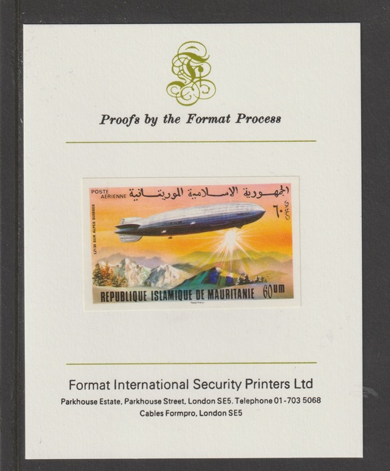 Mauritania 1976 Zeppelin 75th Anniversary  60um Graf Zeppelin mperf mounted on Format International proof card as SG522, stamps on aviation, stamps on airships, stamps on zeppelins