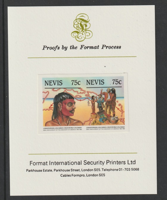 Nevis 1986 500th Anniversary of Columbuss Discovery of America 75c se-tenant pair mperf mounted on Format International proof card as SG377a, stamps on columbus, stamps on wxplorers, stamps on americana, stamps on indians