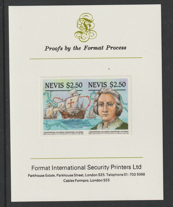 Nevis 1986 500th Anniversary of Columbus's Discovery of America $2.50 se-tenant pair mperf mounted on Format International proof card as SG381a, stamps on , stamps on  stamps on columbus, stamps on  stamps on wxplorers, stamps on  stamps on americana, stamps on  stamps on ships