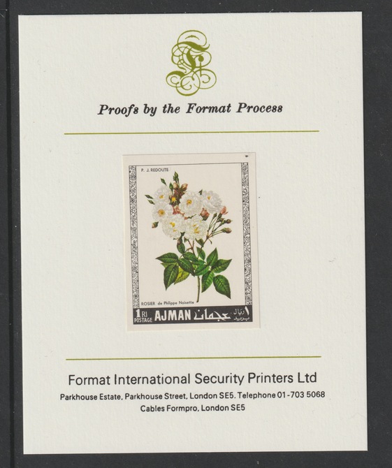 Ajman 1969 Roses 1R (Philippe Noisette) imperf mounted on Format International proof card as Michel 405B, stamps on , stamps on  stamps on flowers, stamps on  stamps on roses